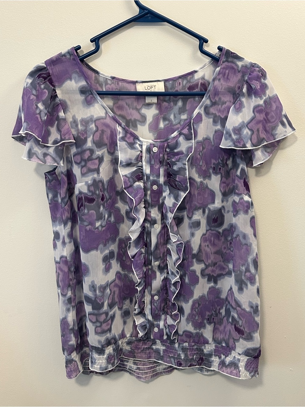LOFT Purple Floral Ruffle Short Sleeve Blouse